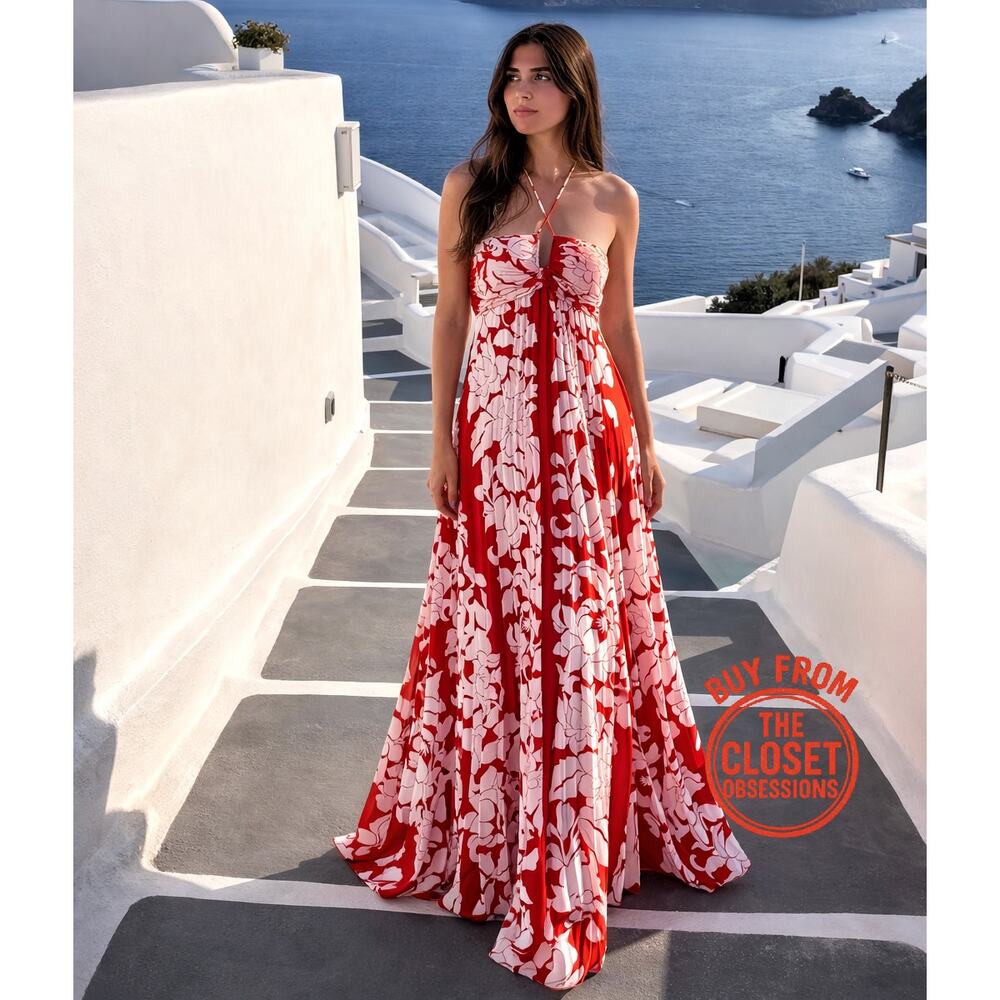 MANGO Red Floral Halter Maxi Dress Destination Wedding Resort Dress